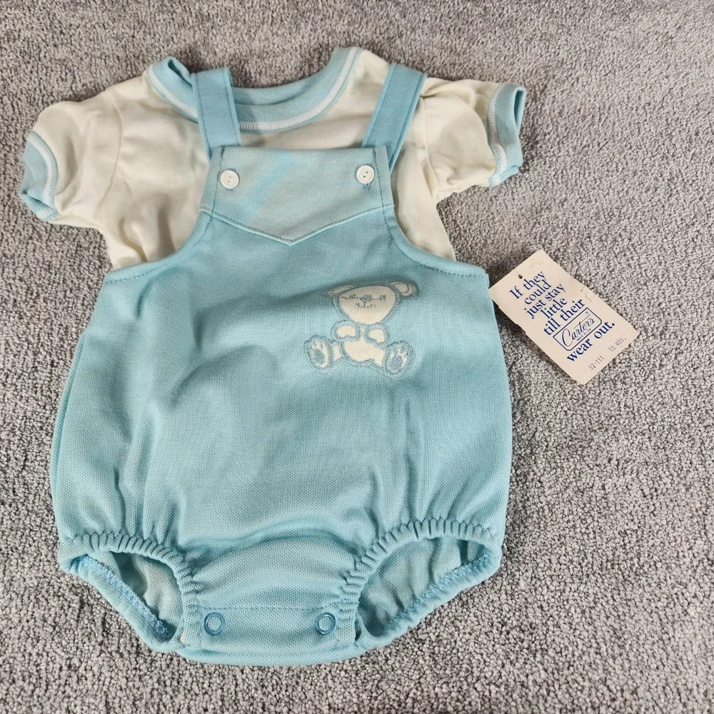 Carter's Romper Set‎ Blue Teddy Bear Vintage 2pc Outfit with Rattle Baby 18 Mos